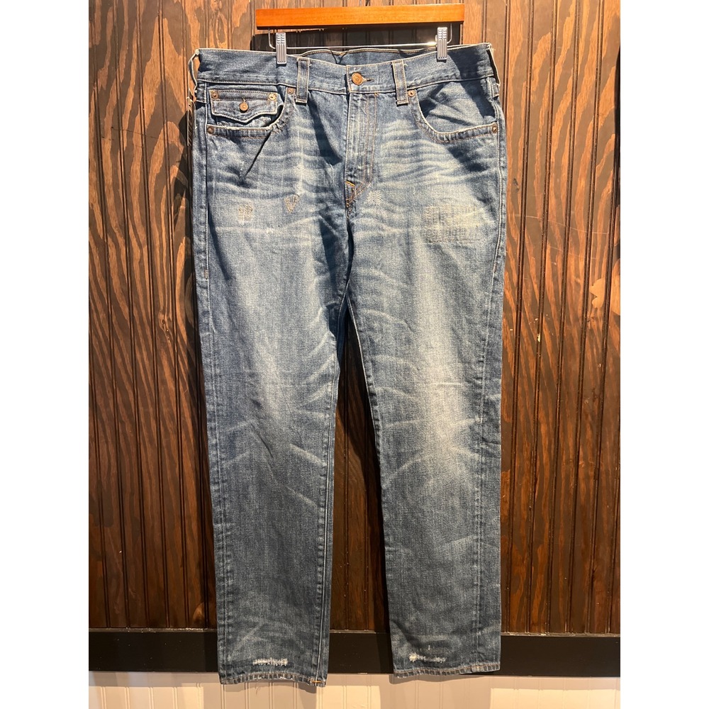 True Religion Ricky Straight Leg Jeans Mens 40x31 Medium Wash Distressed Blue